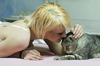 woman with Egyptian-Mau-British-Shorthair