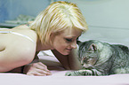 woman with Egyptian-Mau-British-Shorthair