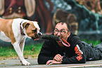 man and American Bulldog