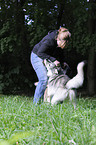 woman and american wolfdog