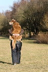 woman and Australian Shepherd