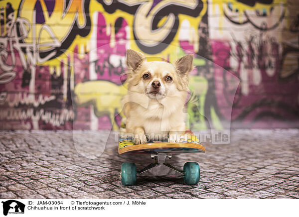 Chihuahua in front of scratchwork / JAM-03054