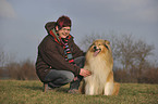 woman and longhaired collie