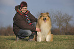 woman and longhaired collie