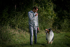man and longhaired Collie
