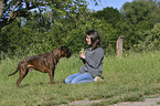 woman and German Boxer