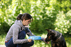 young woman feeds GDR Shepherd