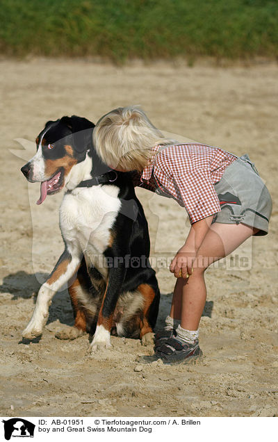 Junge und Groer Schweizer Sennenhund / boy and Great Swiss Mountain Dog / AB-01951