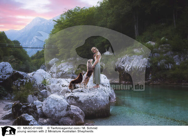 young woman with 2 Miniature Australian Shepherds / MASC-01499