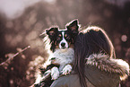 woman and Miniatur Australian Shepherd