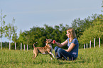 woman with Miniature Bull Terrier