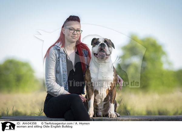 woman and sitting Olde English Bulldog / AH-04356
