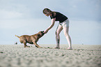 woman and Olde English Bulldog