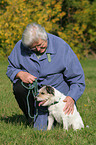 woman fondles Parson Russell Terrier