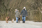 man and woman with 3 dogs