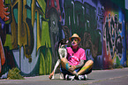 man with Pointer-French-Bulldog-Mongrel