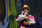 man with Pointer-French-Bulldog-Mongrel