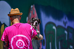 man with Pointer-French-Bulldog-Mongrel