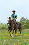 man rides American Paint Horse