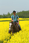man rides American Paint Horse