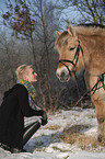 woman with Fjord horse