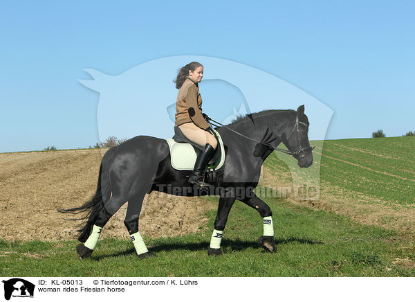Frau reitet Friesen / woman rides Friesian horse / KL-05013