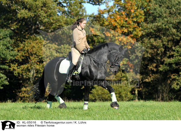Frau reitet Friesen / woman rides Friesian horse / KL-05016