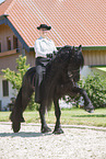 woman rides Friesian horse
