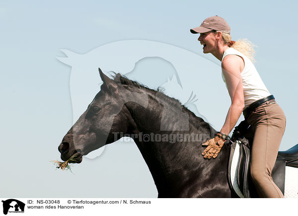 Frau reitet Hannoveraner / woman rides Hanoverian / NS-03048