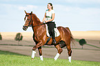 woman rides Hessian warmblood
