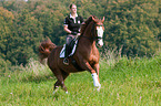 woman rides Hessian Warmblood