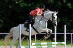woman rides Hessian Warmblood