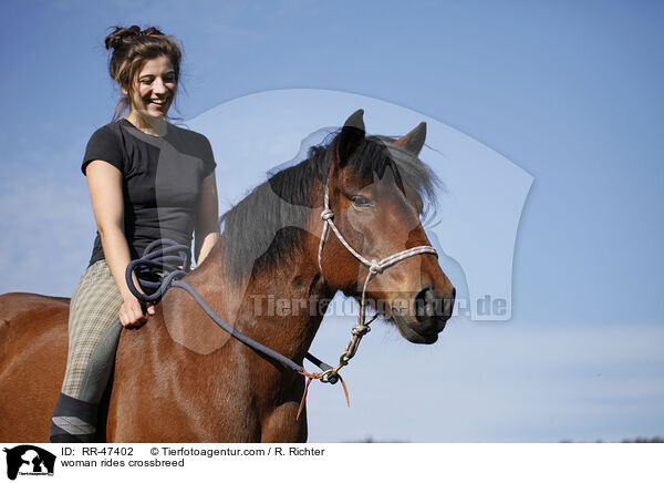 Frau reitet Islnder-Haflinger-Mix / woman rides crossbreed / RR-47402