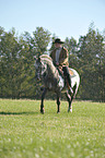 man rides Appaloosa-Mix