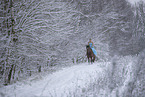 Woman riding through the snow in a dress