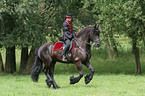woman with friesian horse at show