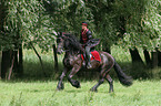 woman with friesian horse at show