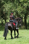 woman with friesian horse at show
