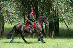 woman with friesian horse at show
