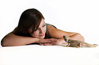 woman and bearded dragon