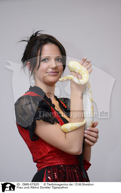 Frau und Albino Dunkler Tigerpython / woman and Albino Burmese python / DMS-07925