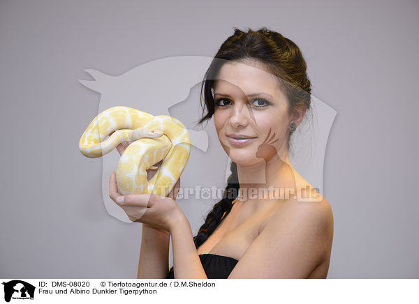 Frau und Albino Dunkler Tigerpython / woman and Albino Burmese python / DMS-08020